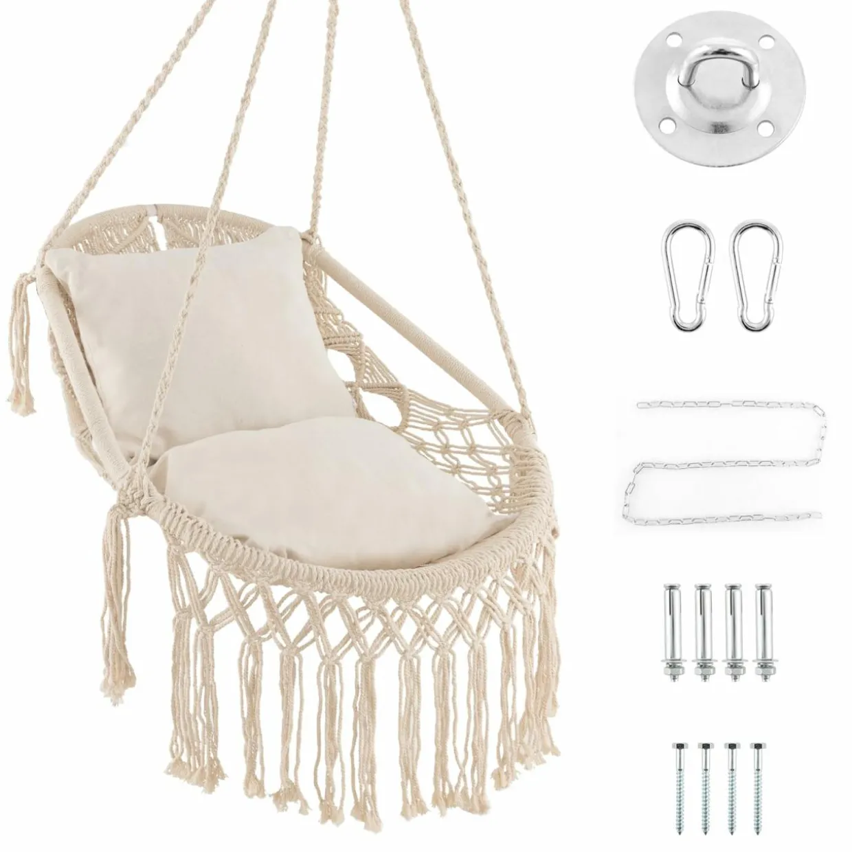 Tangkula Hanging Hammock Chair, Boho Style Hammock Swing with 2 Soft Cushions, Tassels, Mounting Hardware (Beige)