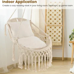Tangkula Hanging Hammock Chair, Boho Style Hammock Swing with 2 Soft Cushions, Tassels, Mounting Hardware (Beige)
