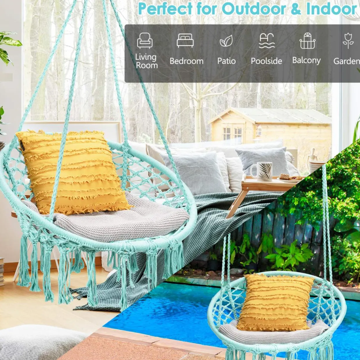 Tangkula Hanging Hammock Chair, Macrame Swing Chair with Tassels and Heavy-Duty Hanging Rings