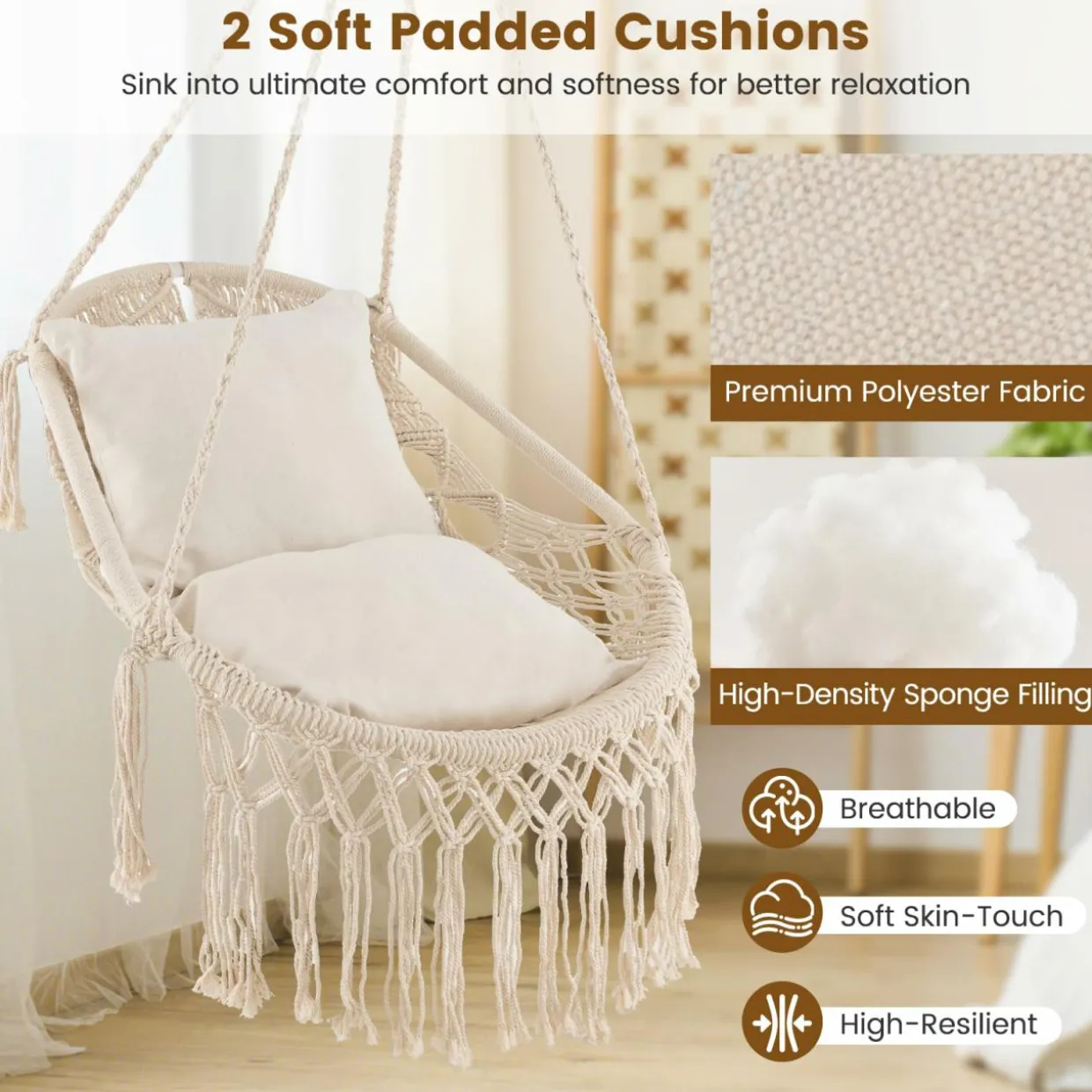 Tangkula Hanging Hammock Chair, Boho Style Hammock Swing with 2 Soft Cushions, Tassels, Mounting Hardware (Beige)