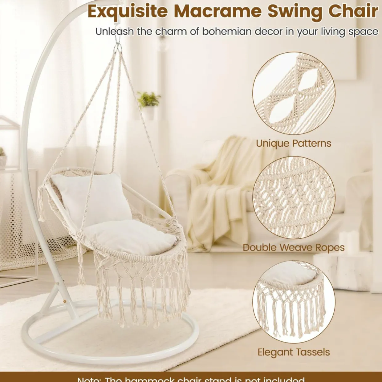 Tangkula Hanging Hammock Chair, Boho Style Hammock Swing with 2 Soft Cushions, Tassels, Mounting Hardware (Beige)