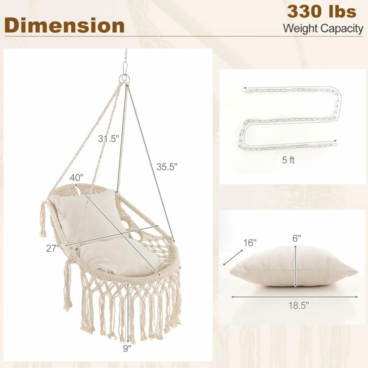 Tangkula Hanging Hammock Chair, Boho Style Hammock Swing with 2 Soft Cushions, Tassels, Mounting Hardware (Beige)