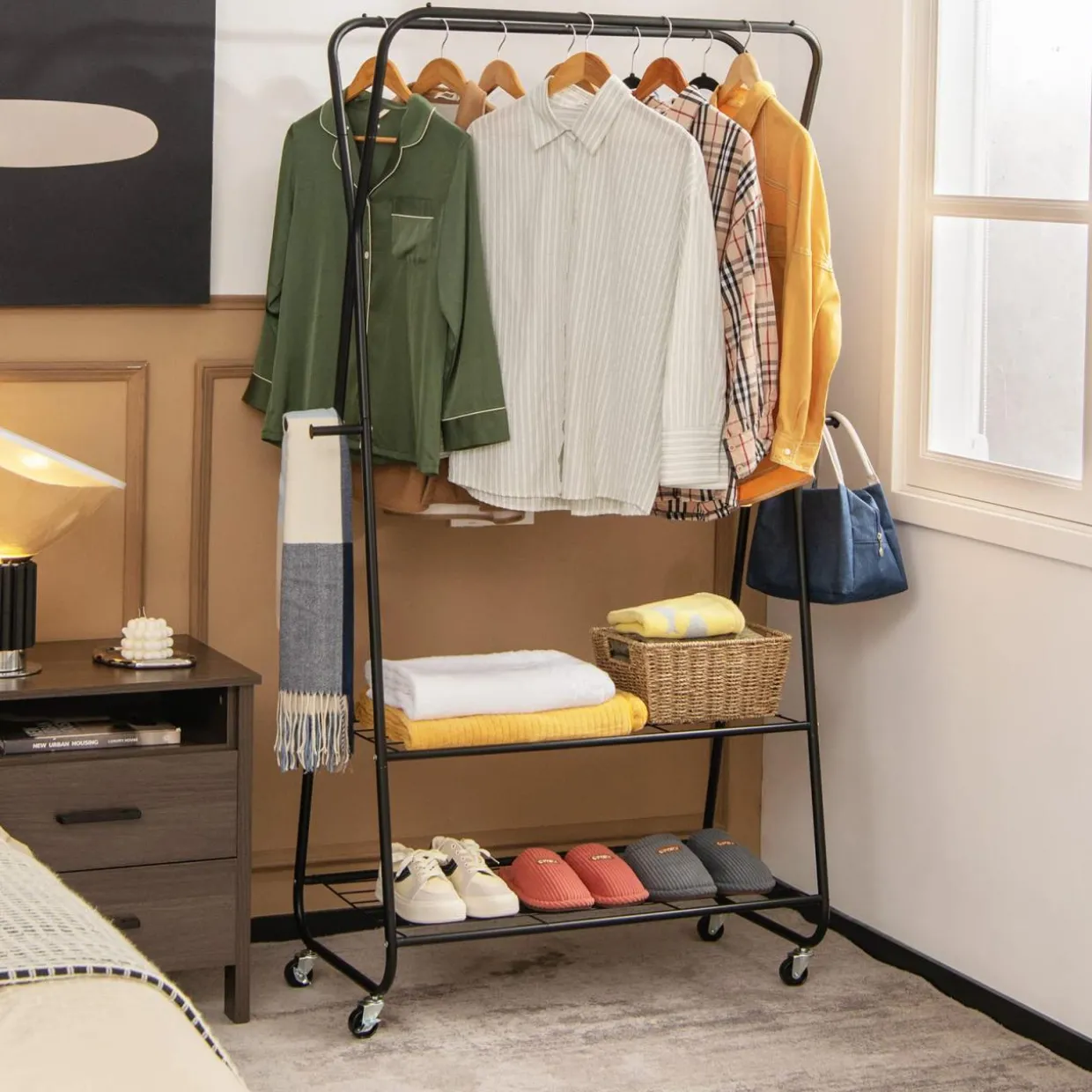 Tangkula Heavy Duty Clothes Rack with Shelves, Double Rod Rolling Garment Rack on Wheels with 4 Hooks