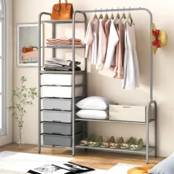 Tangkula Heavy Duty Clothes Rack with 6 Removable Drawers, 3-Tier Open Shelves & 2-Tier Metal Shoe Rack