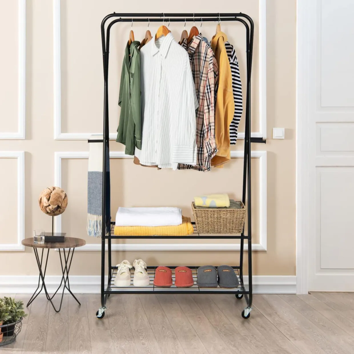 Tangkula Heavy Duty Clothes Rack with Shelves, Double Rod Rolling Garment Rack on Wheels with 4 Hooks