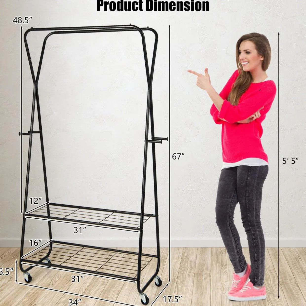 Tangkula Heavy Duty Clothes Rack with Shelves, Double Rod Rolling Garment Rack on Wheels with 4 Hooks