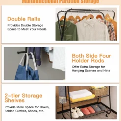Tangkula Heavy Duty Clothes Rack with Shelves, Double Rod Rolling Garment Rack on Wheels with 4 Hooks
