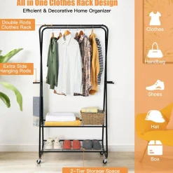 Tangkula Heavy Duty Clothes Rack with Shelves, Double Rod Rolling Garment Rack on Wheels with 4 Hooks