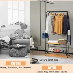 Tangkula Heavy Duty Clothes Rack with Shelves, Double Rod Rolling Garment Rack on Wheels with 4 Hooks