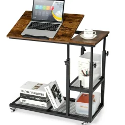 Tangkula Height Adjustable C Shaped End Table with Lockable Wheels