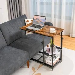 Tangkula Height Adjustable C Shaped End Table with Lockable Wheels