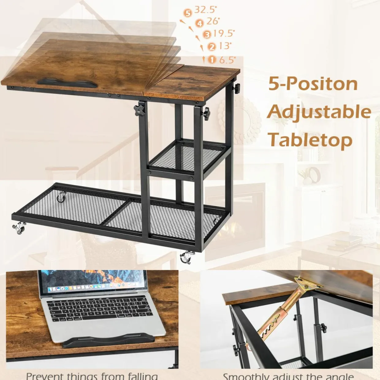Tangkula Height Adjustable C Shaped End Table with Lockable Wheels