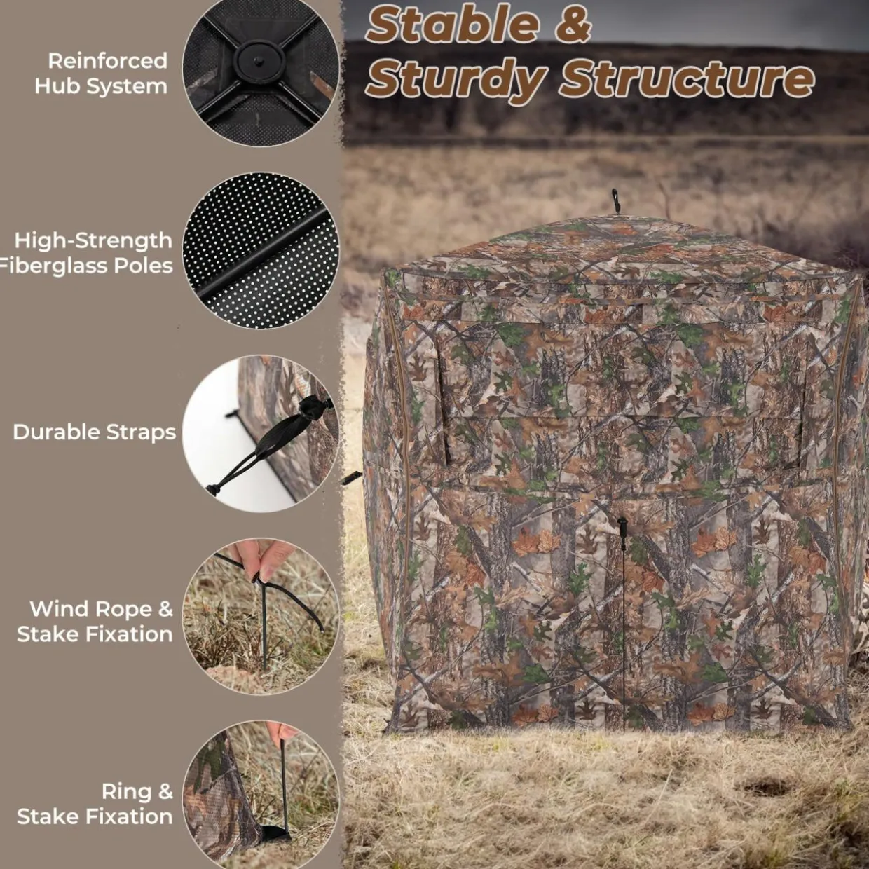Tangkula Hunting Blind, 2-3 Person 360 Degree One-Way See-Through Ground Blind with Full-Open Door & Sliding Windows