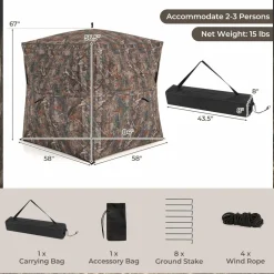 Tangkula Hunting Blind, 2-3 Person 360 Degree One-Way See-Through Ground Blind with Full-Open Door & Sliding Windows
