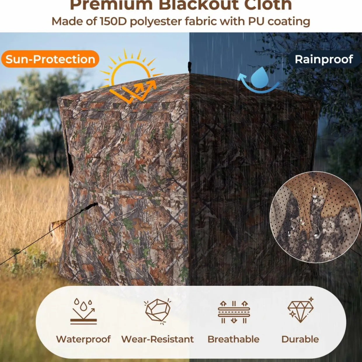 Tangkula Hunting Blind, 2-3 Person 360 Degree One-Way See-Through Ground Blind with Full-Open Door & Sliding Windows