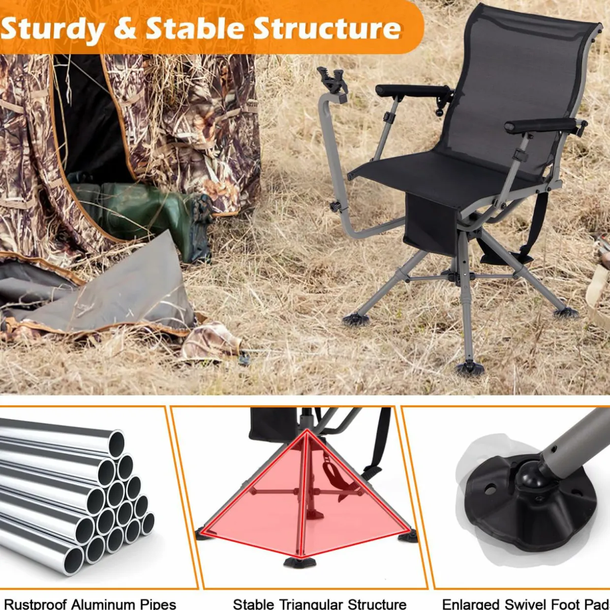 Tangkula Hunting Chair with Shooting Rest, 360° Swivel Hunting Seat with 4 Extendable Aluminum Legs