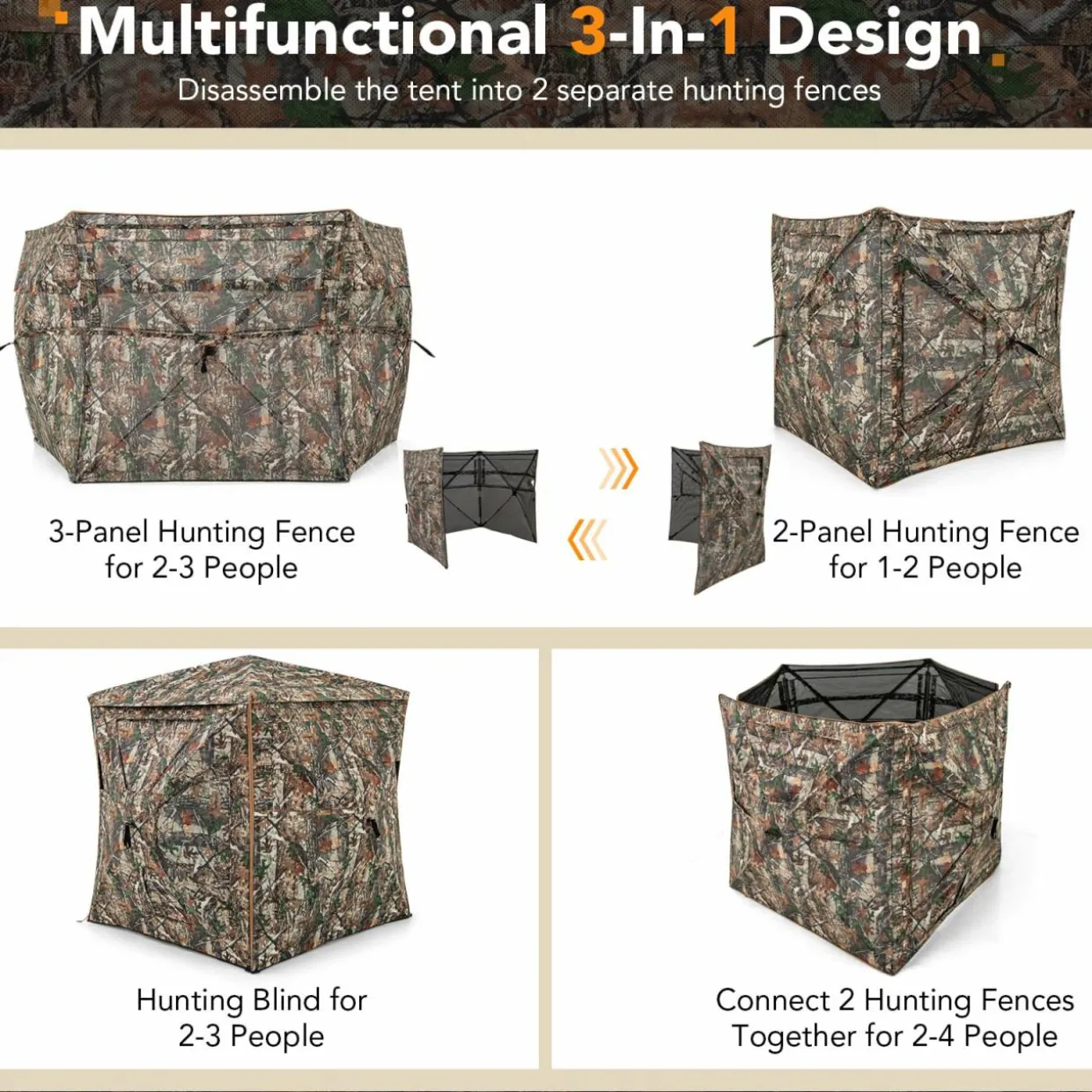Tangkula 3-in-1 Hunting Blind for 2-4 Person, 360 Degree See Through Ground Blind with Skylight