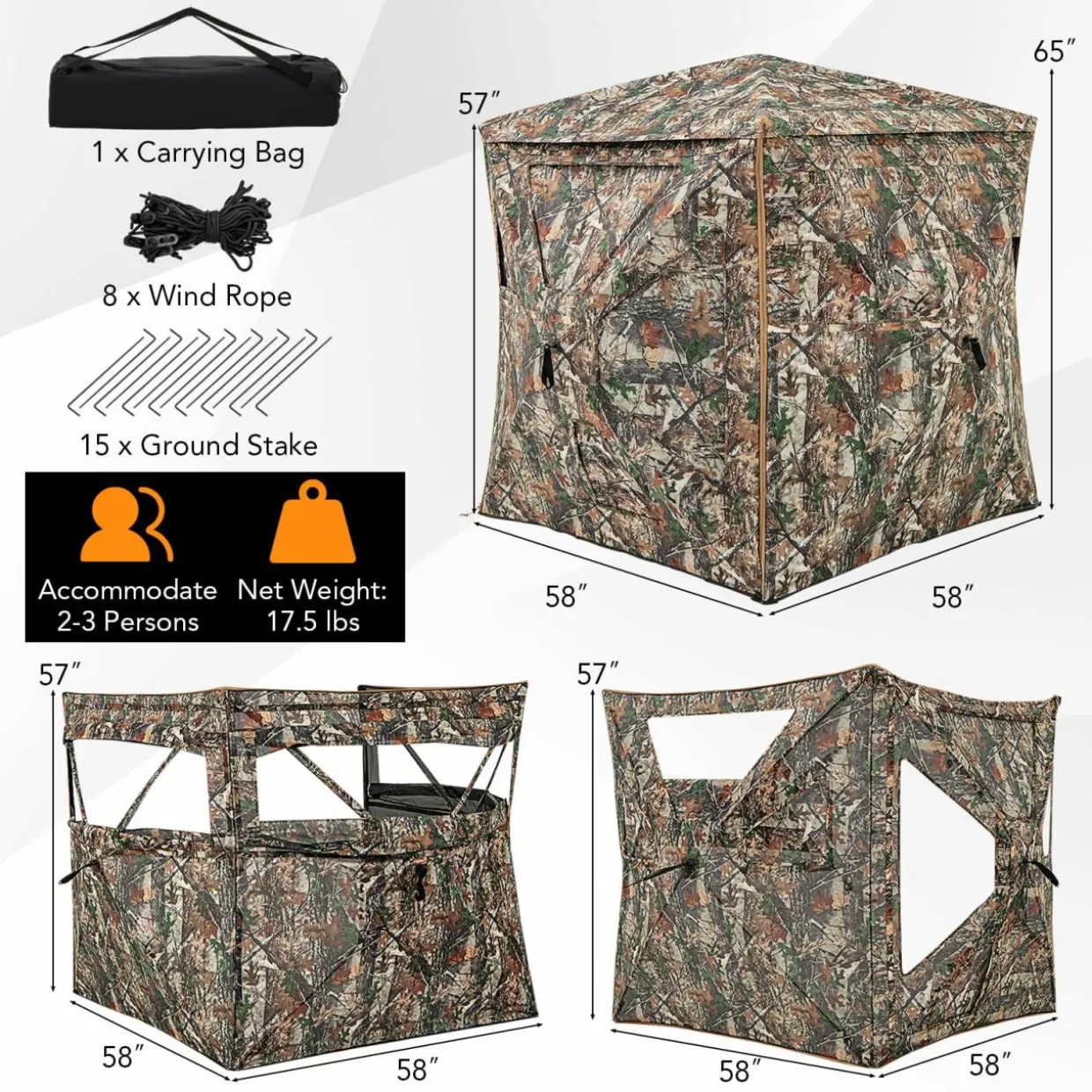 Tangkula 3-in-1 Hunting Blind for 2-4 Person, 360 Degree See Through Ground Blind with Skylight