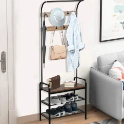 Tangkula 3-in-1 Industrial Hall Tree, 72.5 Inches Shoe Coat Rack Bench w/ Storage Shelf, 9 Hanging Hooks (Brown)