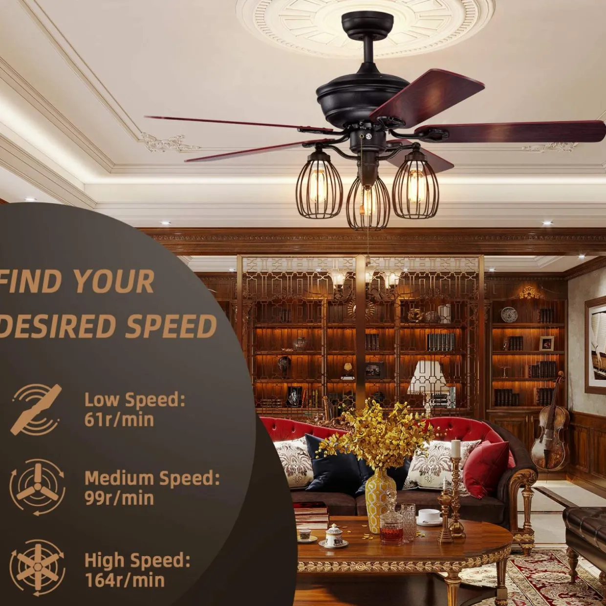 Tangkula 52-Inch Ceiling Fan with Lights, Industrial Ceiling Fan w/ 5 Iron Blades & 3 Cage Lights