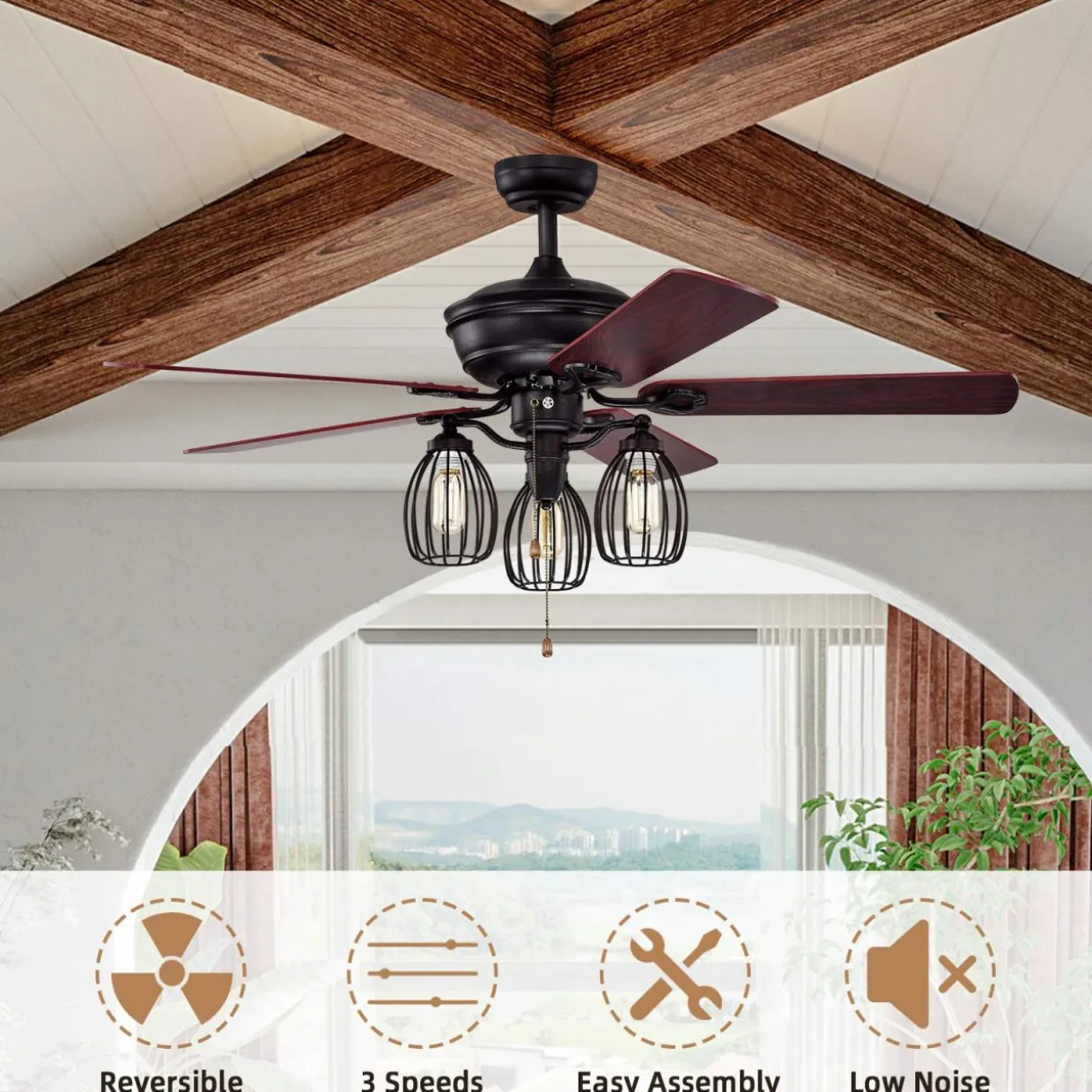 Tangkula 52-Inch Ceiling Fan with Lights, Industrial Ceiling Fan w/ 5 Iron Blades & 3 Cage Lights