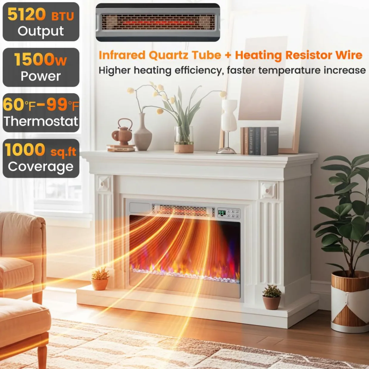 Tangkula 23-Inch Infrared Quartz Electric Fireplace Insert with Remote Control, 1500W Recessed Fireplace Heater with Thermostat