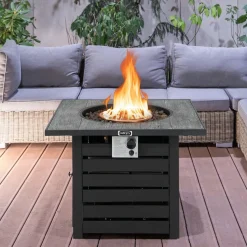 Tangkula 32-Inch Outdoor Propane Fire Pit Table, Patiojoy 50,000 BTU Square Gas Fire Pit with Ore Powder Tabletop