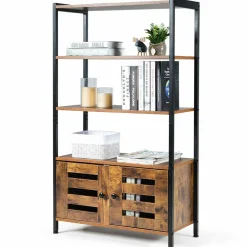 Tangkula Industrial Bookshelf and Bookcase, with 3 Shelves and 2 Louvered Doors,Rustic Brown