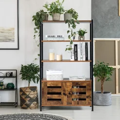 Tangkula Industrial Bookshelf and Bookcase, with 3 Shelves and 2 Louvered Doors,Rustic Brown