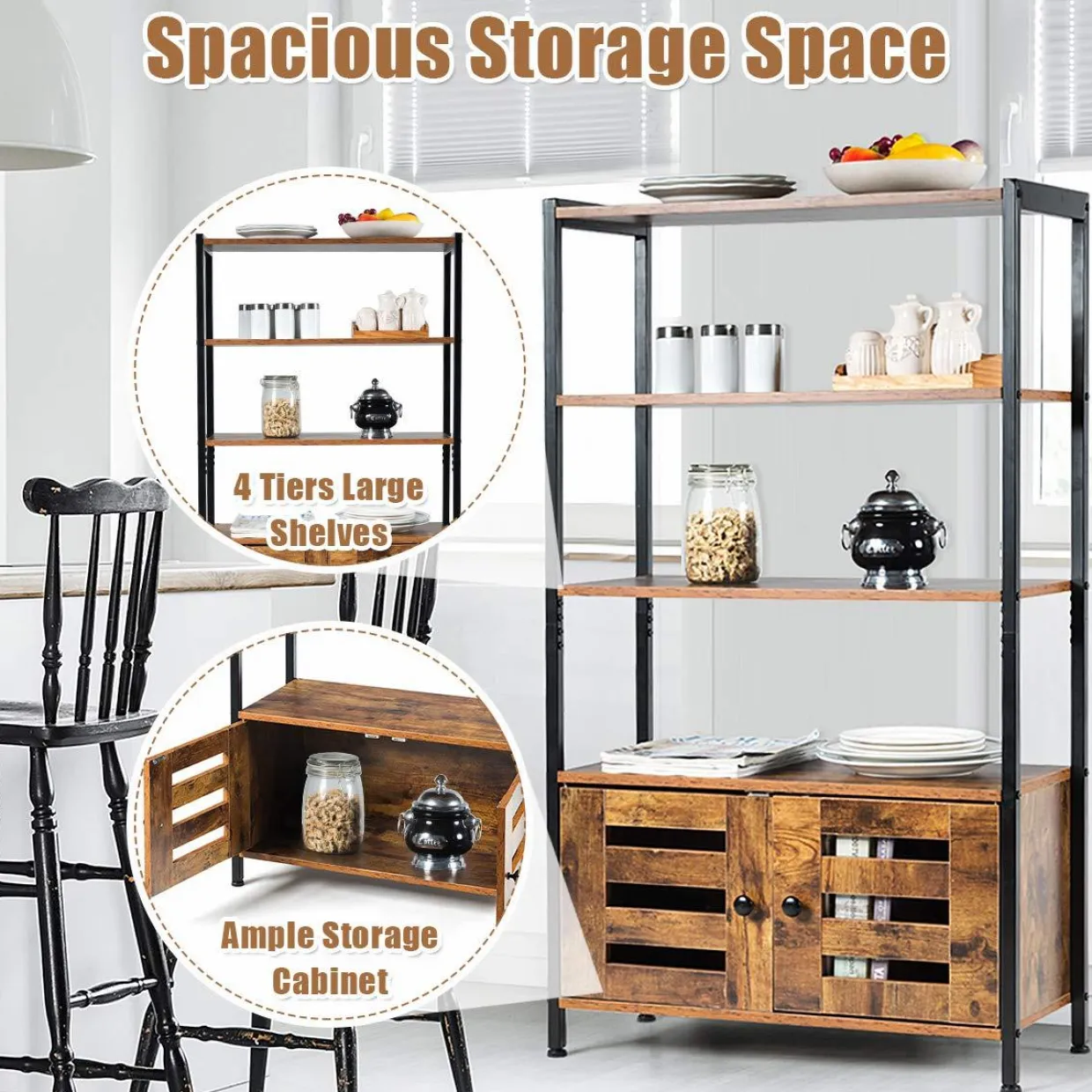Tangkula Industrial Bookshelf and Bookcase, with 3 Shelves and 2 Louvered Doors,Rustic Brown