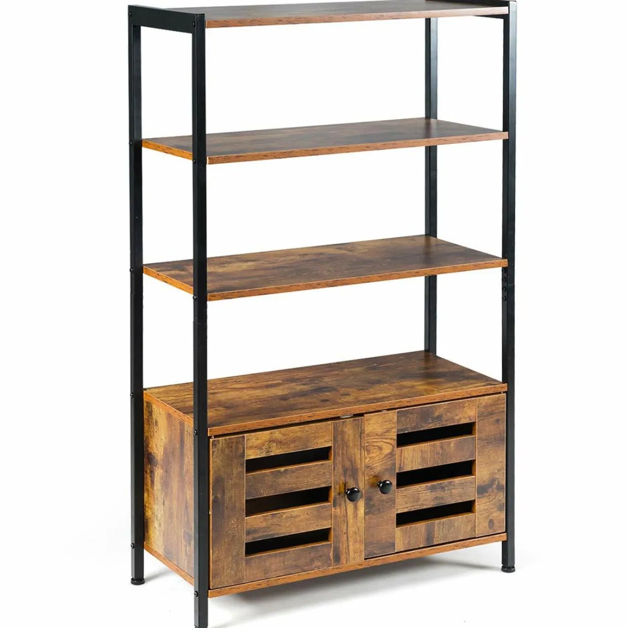 Tangkula Industrial Bookshelf and Bookcase, with 3 Shelves and 2 Louvered Doors,Rustic Brown