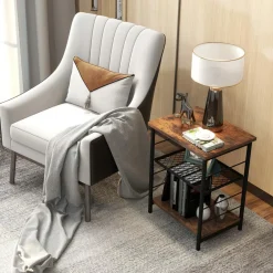 Tangkula Industrial End Table, 3-Tier Side Table with Height Adjustable Metal Mesh Shelf