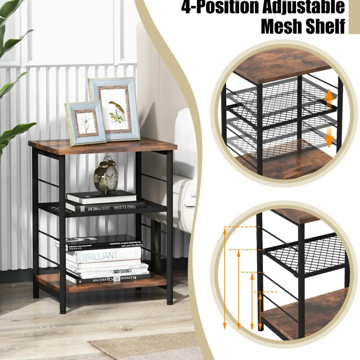 Tangkula Industrial End Table, 3-Tier Side Table with Height Adjustable Metal Mesh Shelf