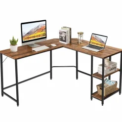 Tangkula Industrial L-Shaped Computer Desk, Space-Saving Corner Desk with Storage Bookshelves