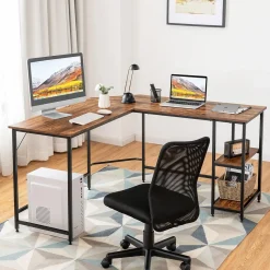 Tangkula Industrial L-Shaped Computer Desk, Space-Saving Corner Desk with Storage Bookshelves