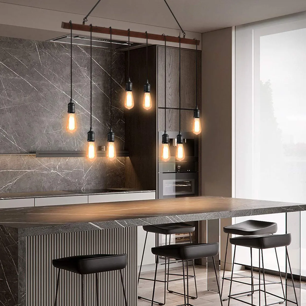 Tangkula Industrial Multi Pendant Light, 8-Light Iron Rustic Island Chandelier, Suspension Line Can Be Adjusted Freely