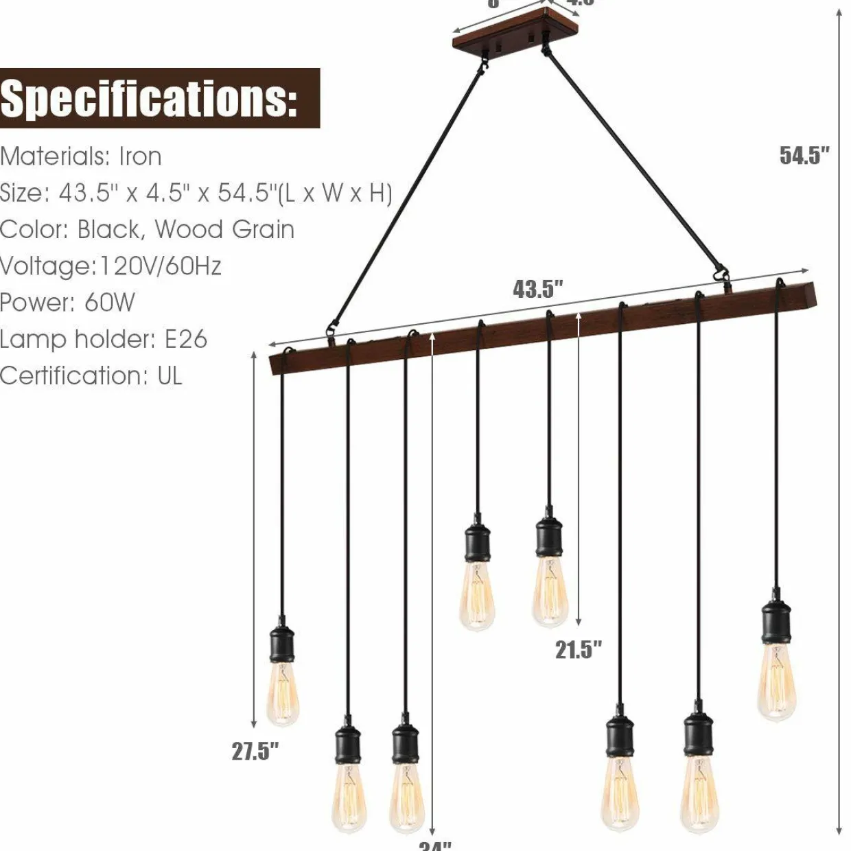 Tangkula Industrial Multi Pendant Light, 8-Light Iron Rustic Island Chandelier, Suspension Line Can Be Adjusted Freely