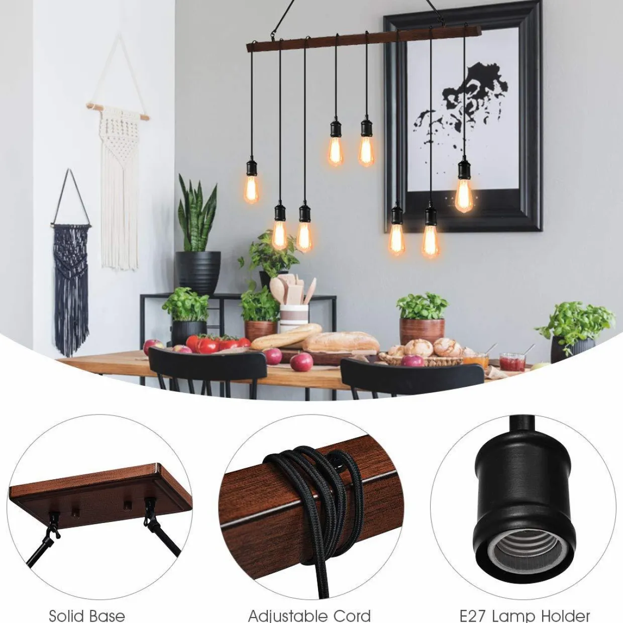Tangkula Industrial Multi Pendant Light, 8-Light Iron Rustic Island Chandelier, Suspension Line Can Be Adjusted Freely