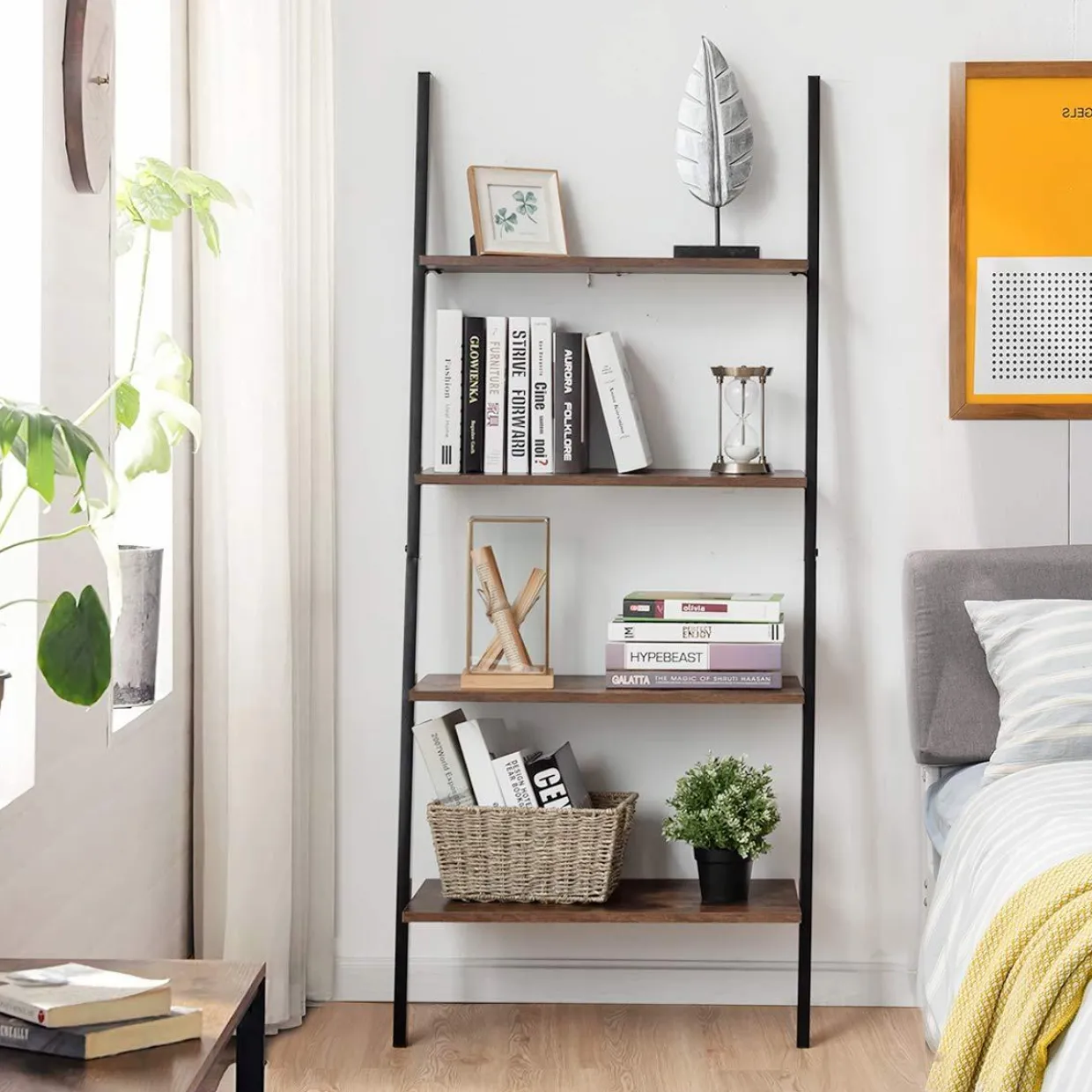 Tangkula Industrial 4-Tier Ladder Shelf, Against The Wall Bookcase for Living Room & Office