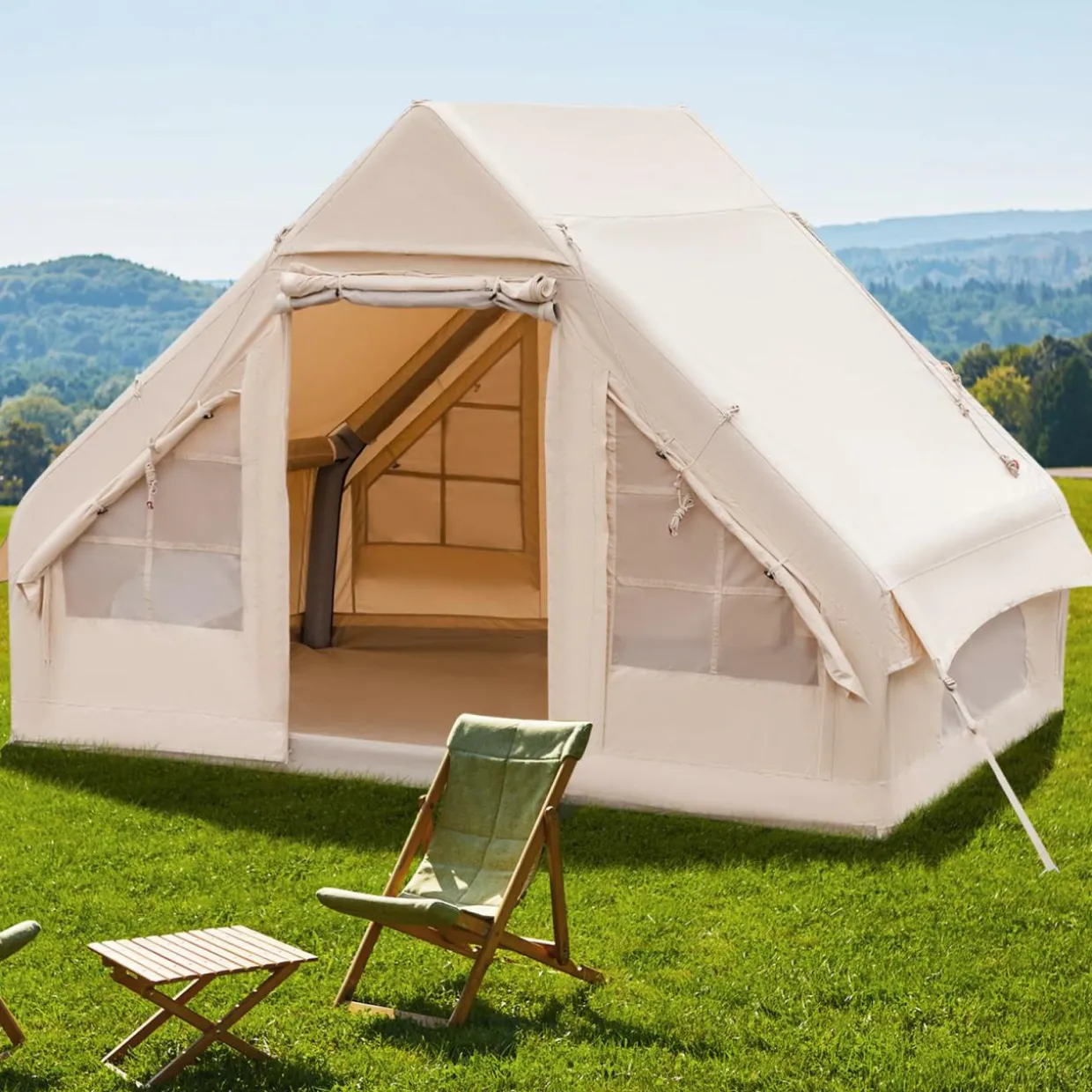 Tangkula Inflatable Camping Tent with Pump, 4-6 People Outdoor Blow Up Cabin Tent with 7 Mesh Windows