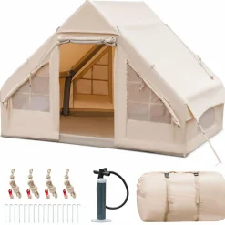 Tangkula Inflatable Camping Tent with Pump, 4-6 People Outdoor Blow Up Cabin Tent with 7 Mesh Windows