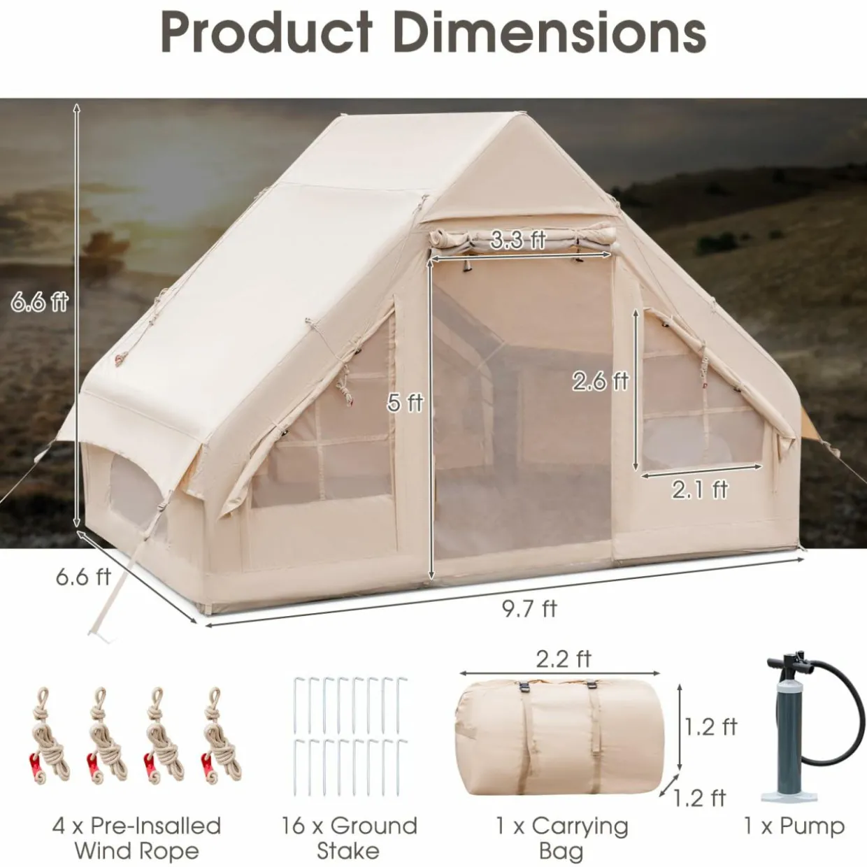 Tangkula Inflatable Camping Tent with Pump, 4-6 People Outdoor Blow Up Cabin Tent with 7 Mesh Windows