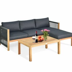 Tangkula L Shape Outdoor Furniture Set, 3 Piece Acacia Wood Patio Conversation Set
