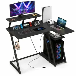 Tangkula L Shaped Gaming Desk with Power Outlets, Small Gaming Computer Desk 39inch with Storage Shelf