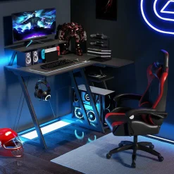 Tangkula L Shaped Gaming Desk with Power Outlets, Small Gaming Computer Desk 39inch with Storage Shelf