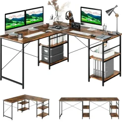 Tangkula L Shaped Office Desk with Storage Shelves, Wooden Industrial L Shaped Corner Desk