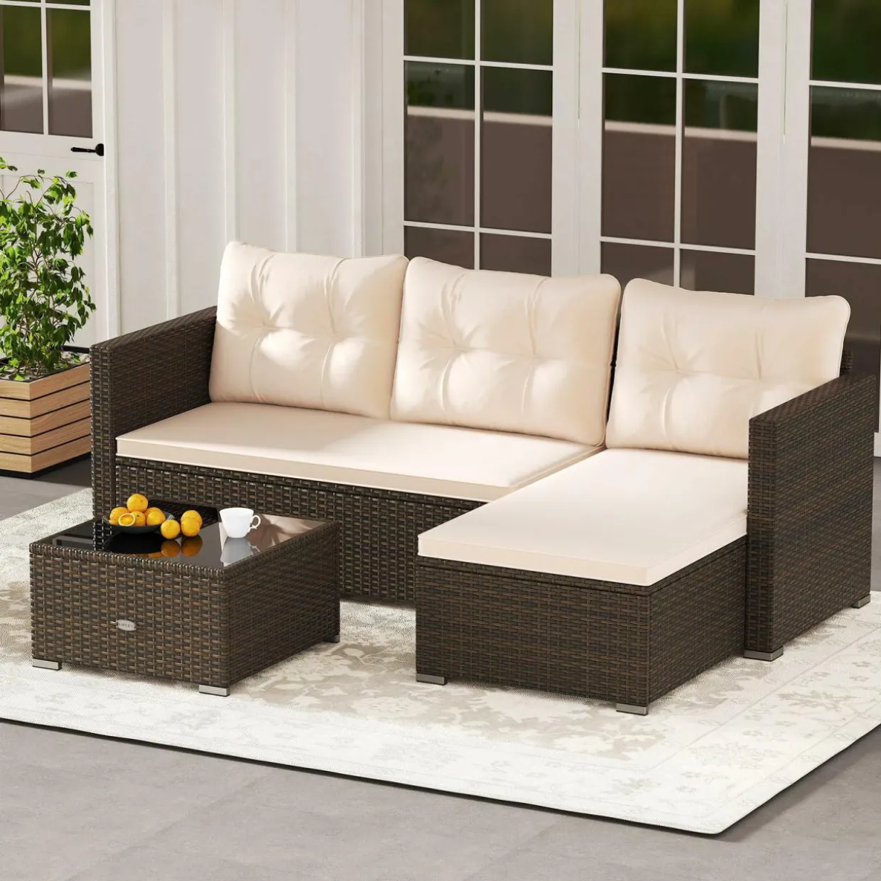 Tangkula L Shaped Outdoor Patio Furniture Set, with Cushions and Tempered Glass Coffee Table