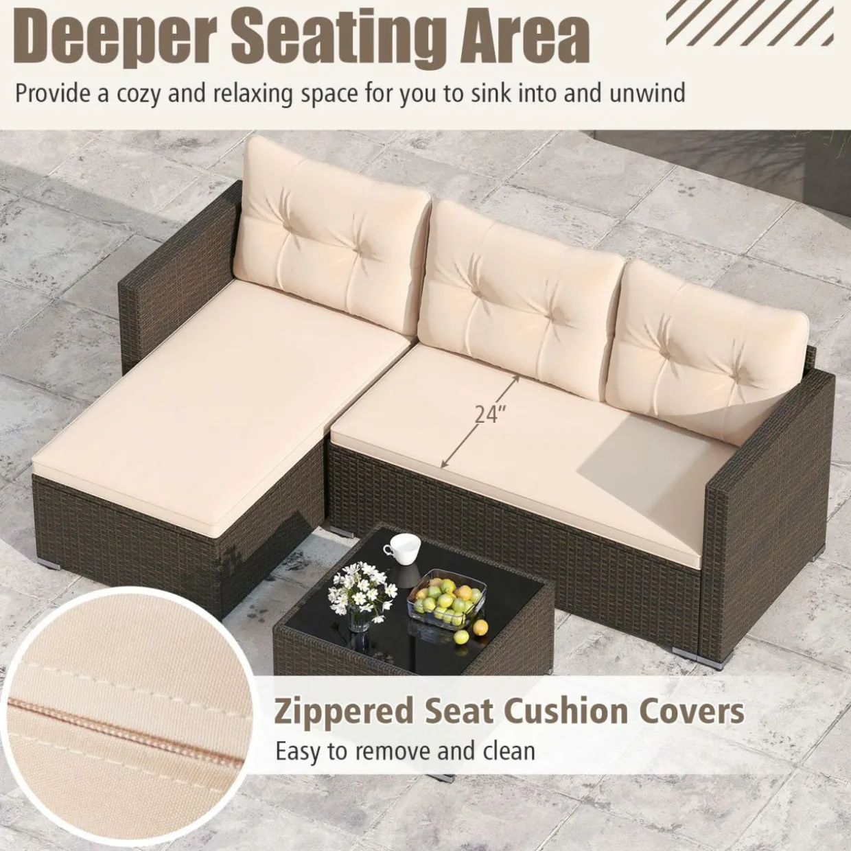 Tangkula L Shaped Outdoor Patio Furniture Set, with Cushions and Tempered Glass Coffee Table
