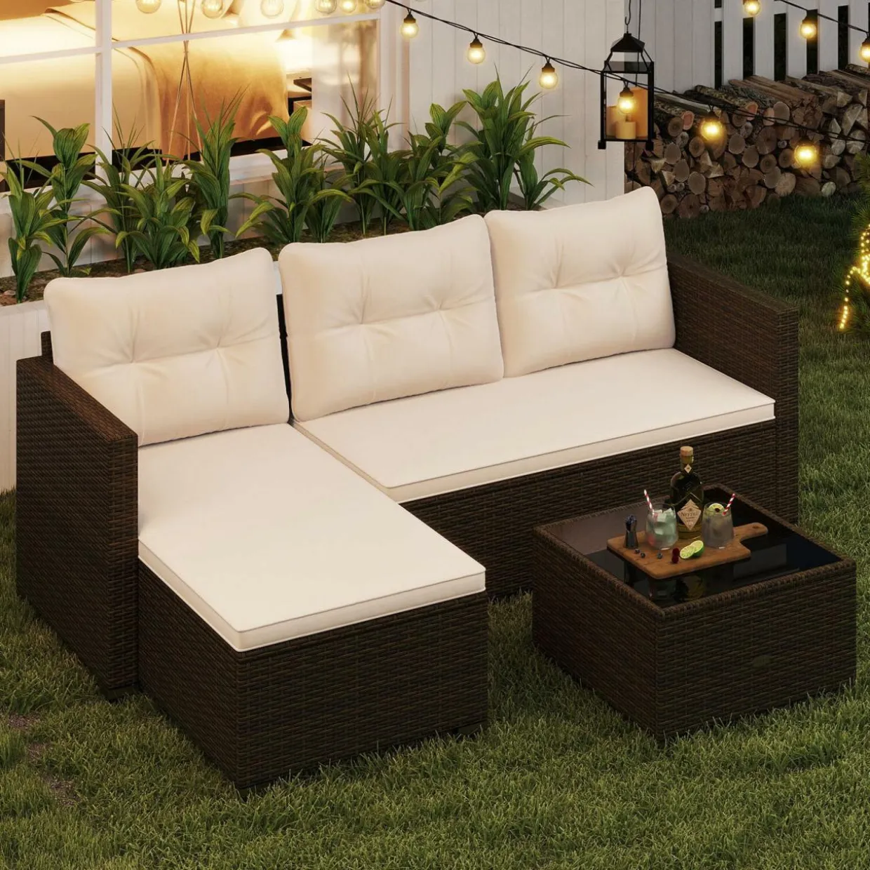 Tangkula L Shaped Outdoor Patio Furniture Set, with Cushions and Tempered Glass Coffee Table