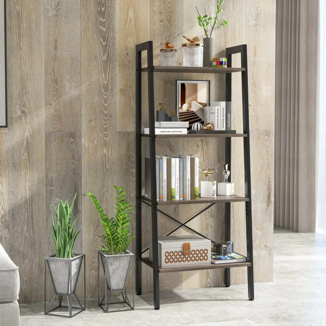 Tangkula Ladder Bookshelf, 4-Tier Industrial Wood Bookcase